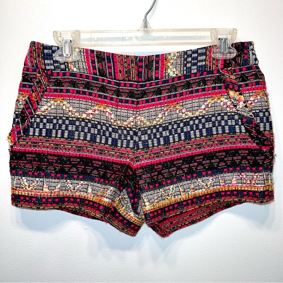 Trina Turk Red MulticolorTextured Jacquard Mini Shorts Pockets Sz 2 Inseam 3